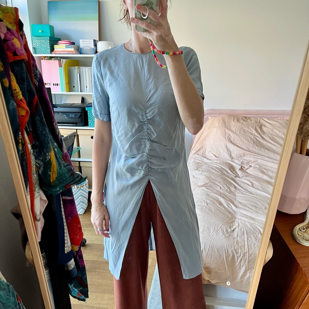 Light Blue Ruched Tunic Silky Material